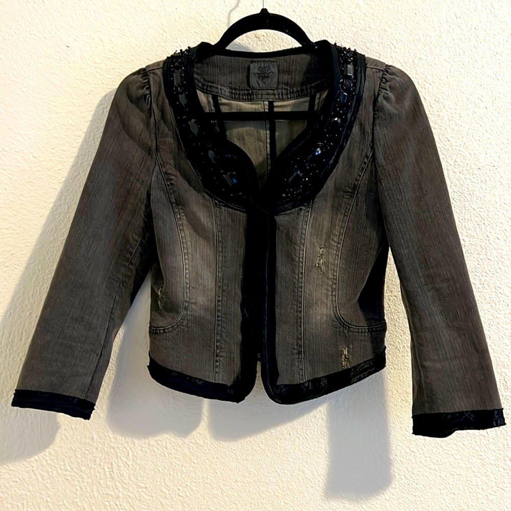 Rocker Style Kalos Black Denim Jean Jacket Top With Beaded Collar Sz Med